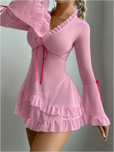 OYOANGLE Women's 2 Piece Long Sleeve Sheer Ruffle Babydoll Lingerie Dress Nightgown and Thong Sleepwear in Saudi Arabia