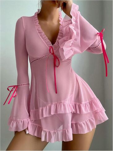 OYOANGLE Women's 2 Piece Long Sleeve Sheer Ruffle Babydoll Lingerie Dress Nightgown and Thong Sleepwear in Saudi Arabia