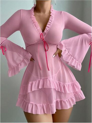 OYOANGLE Women's 2 Piece Long Sleeve Sheer Ruffle Babydoll Lingerie Dress Nightgown and Thong Sleepwear in Saudi Arabia