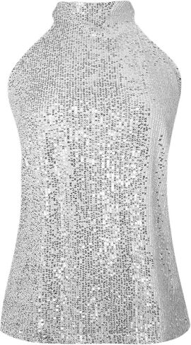 Womens Sparkly Sequin Tops Mock Neck Blouse Sleeveless Shiny Tank Top Sleeveless Glitter Outfits Party Shirt 2025 in Kuwait