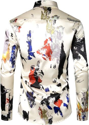 ZEROYAA Men's Hipster Fitted Silk Like Satin Dress Shirt Long Sleeve Button Down Printed Shirt for Party Prom in Saudi Arabia