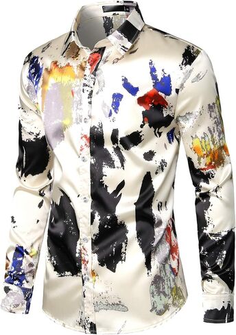 ZEROYAA Men's Hipster Fitted Silk Like Satin Dress Shirt Long Sleeve Button Down Printed Shirt for Party Prom in Saudi Arabia