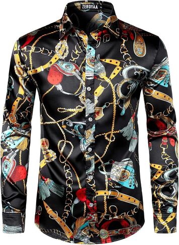ZEROYAA Men's Hipster Fitted Silk Like Satin Dress Shirt Long Sleeve Button Down Printed Shirt for Party Prom in Saudi Arabia