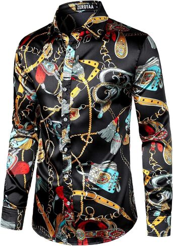 ZEROYAA Men's Hipster Fitted Silk Like Satin Dress Shirt Long Sleeve Button Down Printed Shirt for Party Prom in Saudi Arabia