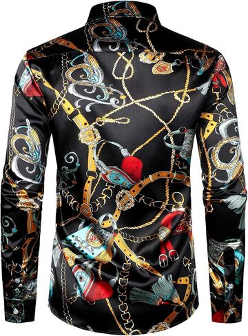ZEROYAA Men's Hipster Fitted Silk Like Satin Dress Shirt Long Sleeve Button Down Printed Shirt for Party Prom in Saudi Arabia