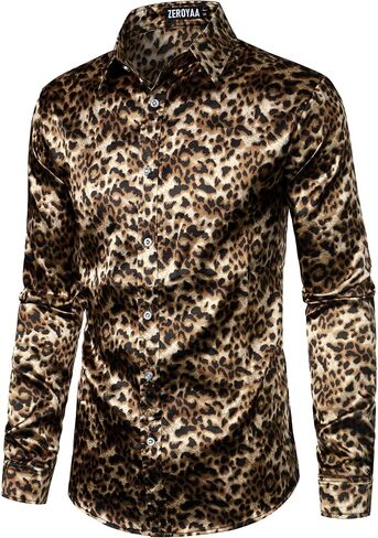 ZEROYAA Men's Hipster Fitted Silk Like Satin Dress Shirt Long Sleeve Button Down Printed Shirt for Party Prom in Saudi Arabia