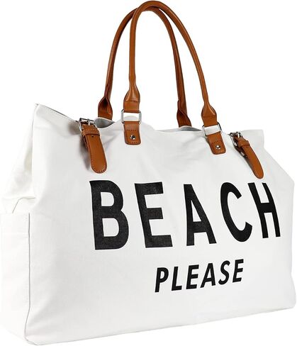 Lamyba Beach Bag with Vegan Leather Handle, Extra Large Beach Bag for Women Waterproof Sandproof, White | with Vegan Leather Handle in Kuwait