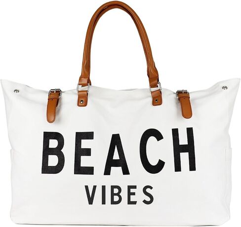 Lamyba Beach Bag with Vegan Leather Handle, Extra Large Beach Bag for Women Waterproof Sandproof, White | with Vegan Leather Handle in Kuwait