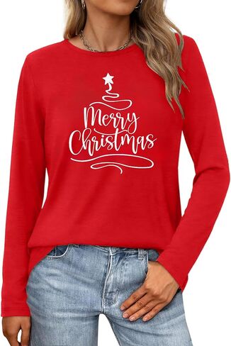 Merry Christmas Shirts for Women: Merry and Bright T Shirt Long Sleeve Christmas Shirts Plaid Xmas Holiday Pullover Blouse in Saudi Arabia