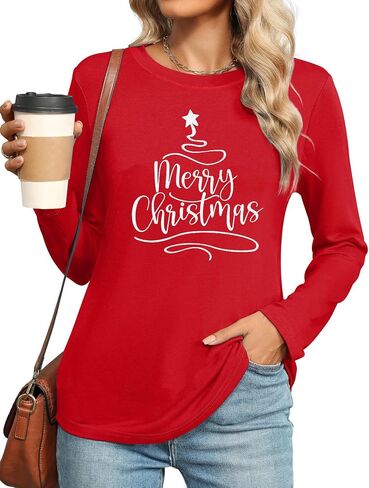 Merry Christmas Shirts for Women: Merry and Bright T Shirt Long Sleeve Christmas Shirts Plaid Xmas Holiday Pullover Blouse in Saudi Arabia