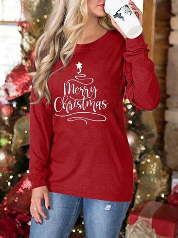 Merry Christmas Shirts for Women: Merry and Bright T Shirt Long Sleeve Christmas Shirts Plaid Xmas Holiday Pullover Blouse in Saudi Arabia
