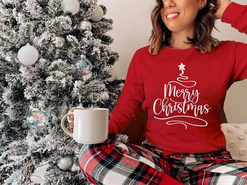 Merry Christmas Shirts for Women: Merry and Bright T Shirt Long Sleeve Christmas Shirts Plaid Xmas Holiday Pullover Blouse in Saudi Arabia