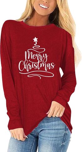 Merry Christmas Shirts for Women: Merry and Bright T Shirt Long Sleeve Christmas Shirts Plaid Xmas Holiday Pullover Blouse in Saudi Arabia