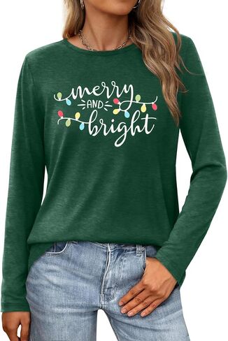 Merry Christmas Shirts for Women: Merry and Bright T Shirt Long Sleeve Christmas Shirts Plaid Xmas Holiday Pullover Blouse in Saudi Arabia