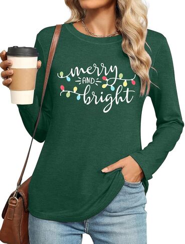 Merry Christmas Shirts for Women: Merry and Bright T Shirt Long Sleeve Christmas Shirts Plaid Xmas Holiday Pullover Blouse in Saudi Arabia
