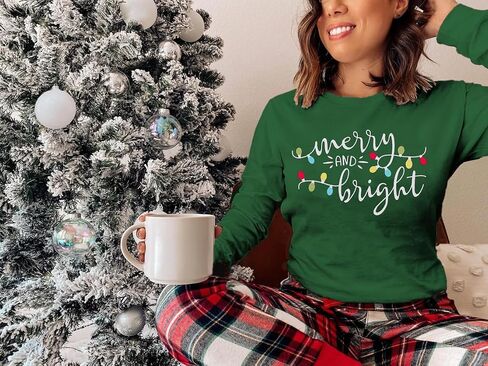 Merry Christmas Shirts for Women: Merry and Bright T Shirt Long Sleeve Christmas Shirts Plaid Xmas Holiday Pullover Blouse in Saudi Arabia