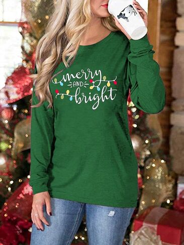 Merry Christmas Shirts for Women: Merry and Bright T Shirt Long Sleeve Christmas Shirts Plaid Xmas Holiday Pullover Blouse in Saudi Arabia