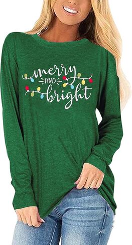 Merry Christmas Shirts for Women: Merry and Bright T Shirt Long Sleeve Christmas Shirts Plaid Xmas Holiday Pullover Blouse in Saudi Arabia