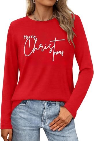 Merry Christmas Shirts for Women: Merry and Bright T Shirt Long Sleeve Christmas Shirts Plaid Xmas Holiday Pullover Blouse in Saudi Arabia