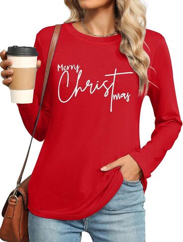Merry Christmas Shirts for Women: Merry and Bright T Shirt Long Sleeve Christmas Shirts Plaid Xmas Holiday Pullover Blouse in Saudi Arabia