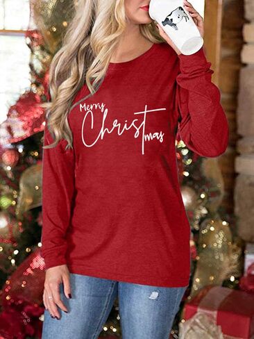 Merry Christmas Shirts for Women: Merry and Bright T Shirt Long Sleeve Christmas Shirts Plaid Xmas Holiday Pullover Blouse in Saudi Arabia