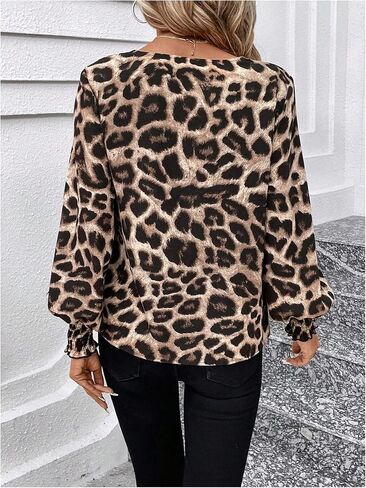 SweatyRocks Women's Leopard Print V Neck Long Lantern Sleeve Shirred Blouse Shirt Tops in Saudi Arabia