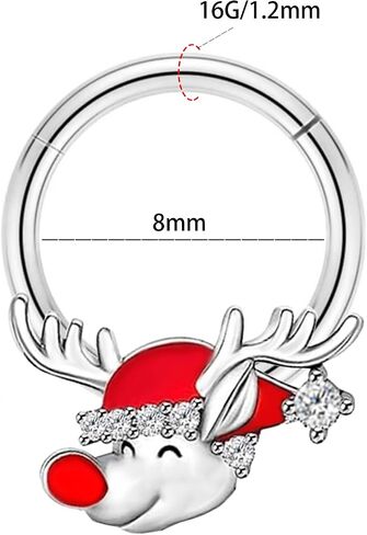 16G Christmas Septum Ring Elk,Jingling Bell Nose Hoop Ring 316L Stainless Steel Hinged Segment Ring Daith Piercing Jewelry Conch Helix Earring Cartilage Earring for Women Men in Saudi Arabia