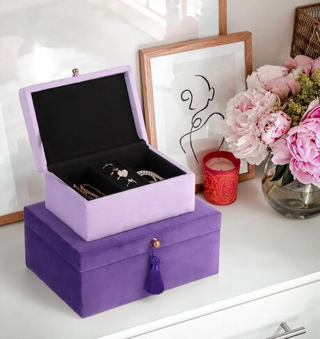 HofferRuffer Velvet Jewelry Boxes Decorative Boxes, Storage Accessory Organizer Boxes with Elegant Handle Decor, Classic Velvet Set of 2 Pieces (Purple) in Kuwait