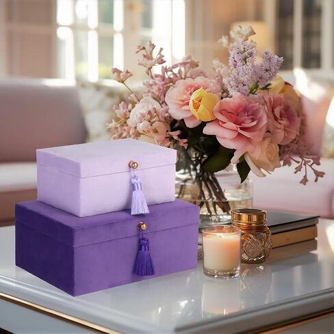 HofferRuffer Velvet Jewelry Boxes Decorative Boxes, Storage Accessory Organizer Boxes with Elegant Handle Decor, Classic Velvet Set of 2 Pieces (Purple) in Kuwait