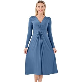 Women's Long Sleeve Dress V Neck Fall Casual Floral Dresses High Waist Dress-Viscose from Bamboo S-XXL