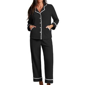 CHYRII Womens Pajamas Sets Fall Fashion Flannel Scalloped Button Up Long Sleeve PJ Sets Two Piece Lounge Sets Sleepwear
