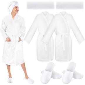 Handepo 6 Pcs Waffle Bath Robes Set Lightweight Spa Robes with Slippers Hair Towels Couples Robes His and Hers Knit Robes Waffle Bathrobes for Women Men