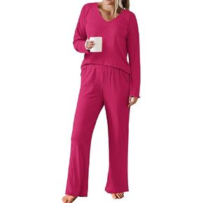 Ekouaer Womens Ribbed Knit Pajamas Set V Neck Long Sleeve Pj Set 2 Piece Loungewear Casual Sleepwear