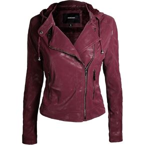 Awesome21] Women's Faux Leather Moto Jacket with Furry Lining & Detachable Hood Wine M