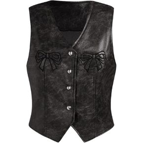 MakeMeChic Women's PU Leather Bow Vest Blazers Button Down Asymmetrical Crop Y2K Waistcoats Jackets