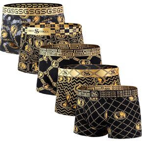 Men’s Underwear Boxer Brief Black & Gold Mixed Color Breathable Soft Comfortable Cotton Stretch Front Underpants for Men 5PCS