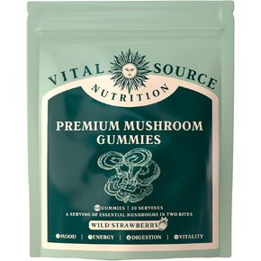 Vital Source Nutrition - Premium Mushroom Gummies - Vitality, Digestion & Energy Support - 10 Types of Premium Mushrooms - Vegan, Gluten-Free & Halal - Wild Strawberry - 60 Gummies - 30 Servings