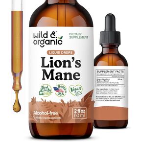 Wild & Organic Lions Mane Tincture - Lions Mane Supplement for Brain Support - Liquid Lions Mane Drops - Lion's Mane Extract for Focus & Clarity - Vegan, Alcohol & Sugar-Free - 2 fl oz