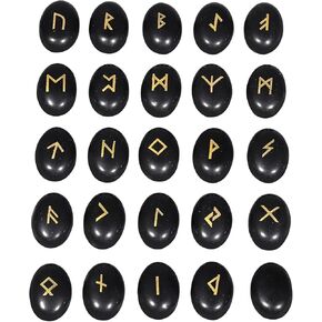 TUMBEELLUWA 25pcs Rock Crystal Cabochons Flatback Stones Kit for Jewelry Making Oval Rune Stones Set with Engraving Golden Alphabet Lettering for Meditation, Divination