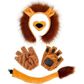 5 Pcs Lion Costume Set Lion Ears Headband Tail Paw Gloves Nose Bow Tie Halloween Lion Cosplay Party Dress Up Accessories