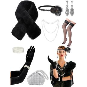 8 Pieces 1920s Flapper Gatsby Costume Accessories for Women Faux Fur Shawl and 20s Jewelry Set for 20s Party(Black) in Kuwait
