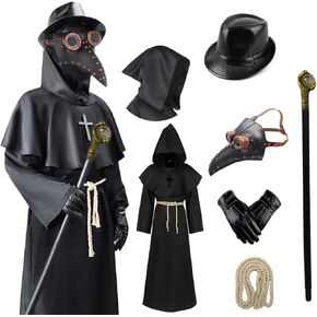 Plague Bird Doctor Mask Steampunk Costume Halloween Hooded Cloak Hat Gloves Black Robe Horror Scary Adult Teens Party Props