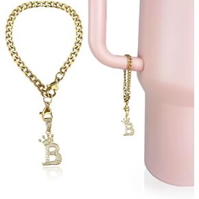 Cup Charms for Stanley Handle- Crown Letter Charms Accessories for Stanley Handle 40 Oz Tumblers Gold Initial Keychain Water Bottle Cup with Diamond Glitter Jewelry Personalized Decorations L