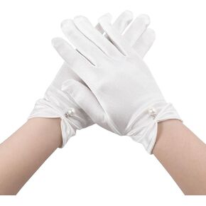 Tea Party Gloves White Pearl Dress Gloves Uniform Gloves Short White Gloves Bridal Gloves, White Satin Gloves Wrist Length White Gloves Women Banquet Opera Gloves for Women Gown Gloves