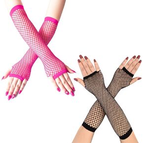 2 Pairs Fishnet Gloves Women's Mesh Fingerless Gloves for 80s Costume Theme Party, Pink, Long