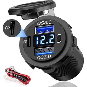 [5 في 1 محدث] منفذ USB 12 فولت، منفذ شاحن سيارة USB من النوع C PD 20 وات، شحن سريع مزدوج 3.0 منافذ USB 36 وات، جهد عرض LED ومفتاح تشغيل وإيقاف للسيارة والقوارب والدراجات النارية والبحرية وRV
