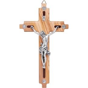 Mondo Cattolico - Crucifix wall cross Catholic Benedict During Pope's Angelus, Olive Wooden Crucifix with the Four Major Roman Basilicas Medals - Jesus Crucifix 8.26"x 4.72" - Ideal Catholic Gift