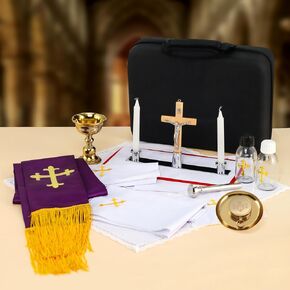 Catholic Travel Mass Kit-Chalice,PYX,Paten,Crucifix,Candles with Holder,Clergy Stole,Linens,Holy Water Sprinkler and Bottles,Exorcism Kit Gift for Priest,Vampire Ghost Hunting Kit with Case