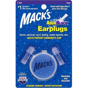 Mack's AquaBlock Swimming Earplugs - Comfortable, Waterproof, Reusable Silicone Ear Plugs for Swimming, Snorkeling, Showering, Surfing and Bathing (Clear)