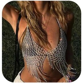 StoneFans Tassel Rhinestone Chest Chain Bra Body Jewelry for women Sexy Silver Bikini Bra Body Chains Underwear Party (Silver1)